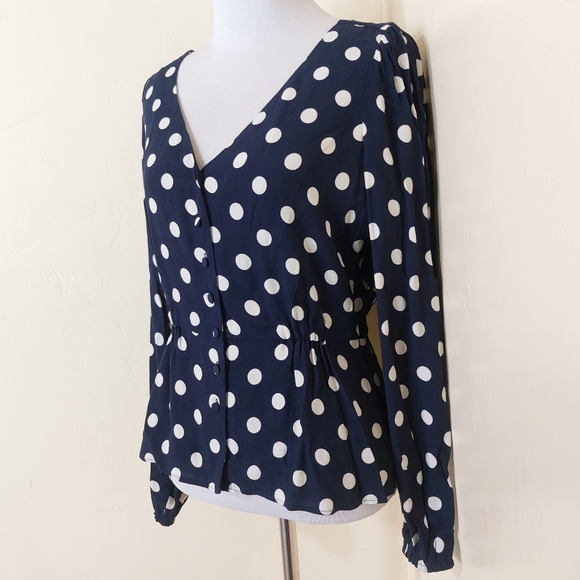 J. Crew Polka Dot Dark Navy Blue Long Sleeve Peplum Button Down Blouse - Picture 2 of 11